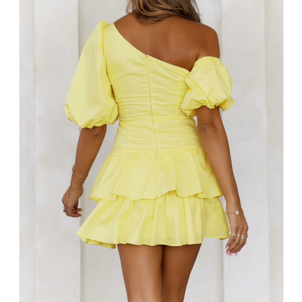 HelloMolly Dress Sz M Yellow Puff Sleeve Tiered Ruffle Mini Cottagecore Babydoll - Picture 2 of 13